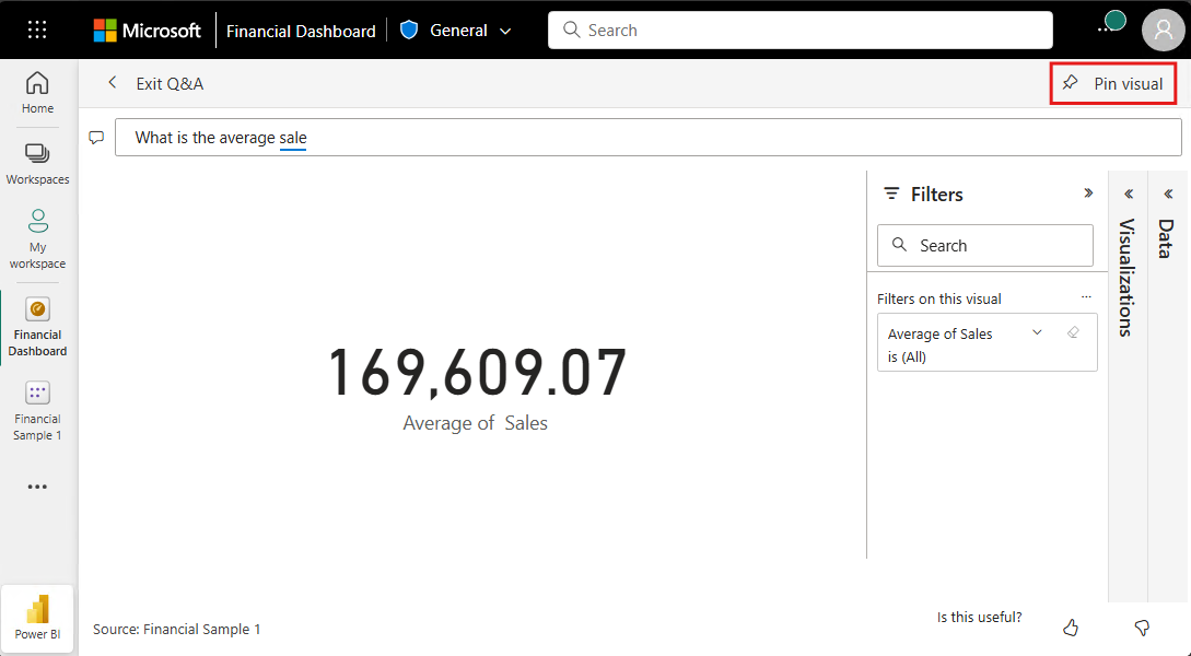 Q&A 답변 시각화를 대시보드에 고정하는 방법을 보여 주는 스크린샷.
