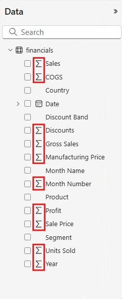 데이터에 숫자 값이 있음을 나타내는 시그마 기호가 있는 데이터 창의 항목을 보여 주는 스크린샷.