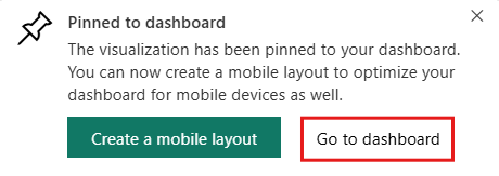 대시보드에 고정됨 대화 상자의 스크린샷, 새 대시보드로 이동할 수 있는 옵션이 포함되어 있습니다.