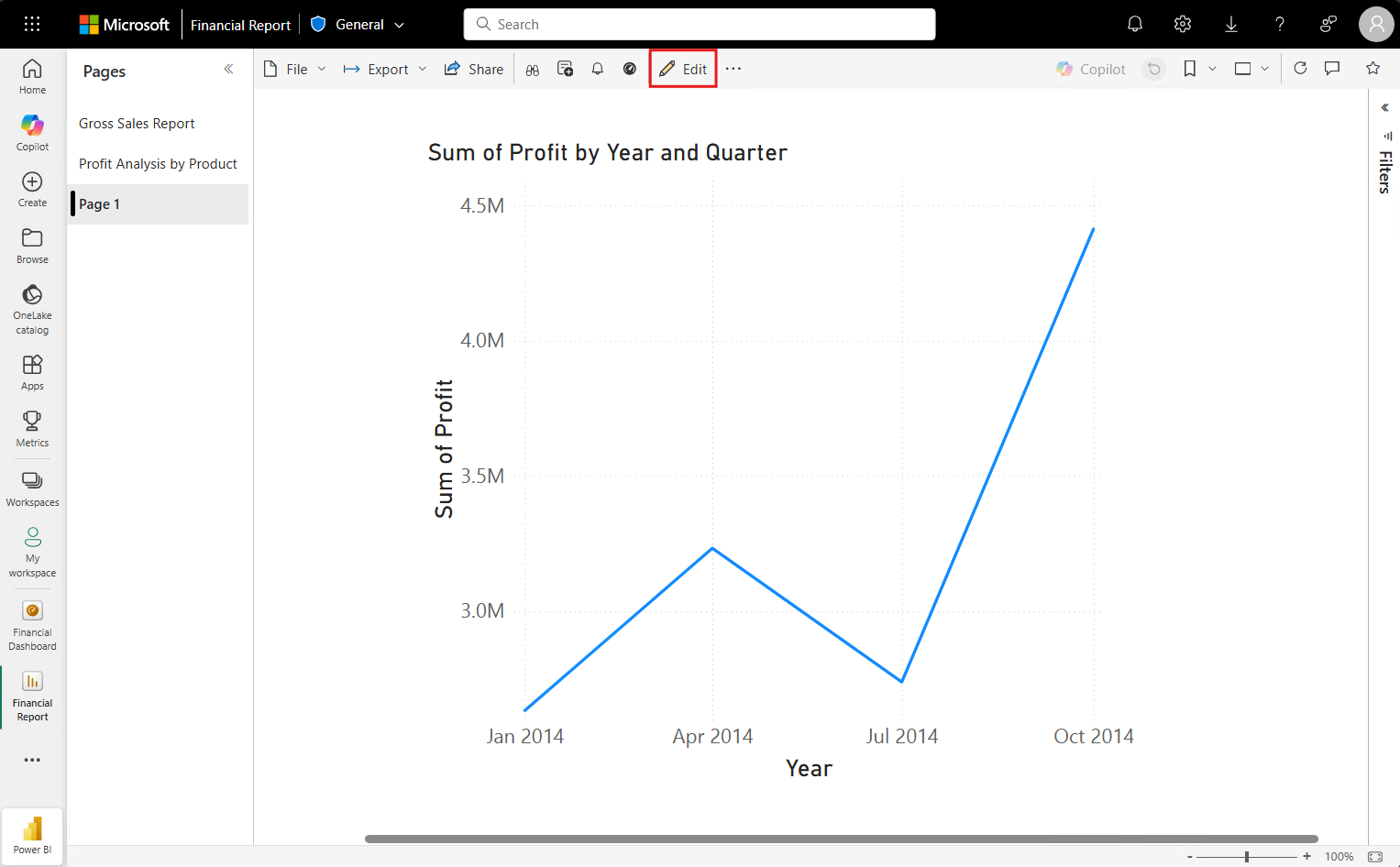 보고서 편집기에서 열린 시각화와 선택한 편집 옵션을 보여 주는 스크린샷