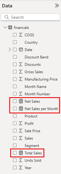 Power BI Desktop의 데이터 창 스크린샷 데이터 필드 목록 중에는 판매와 관련된 세 가지 측정값이 강조 표시됩니다.