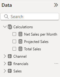Power BI Desktop의 데이터 창 스크린샷 목록 맨 위에 있는 필드는 세 개의 측정값과 열이 없는 테이블입니다.