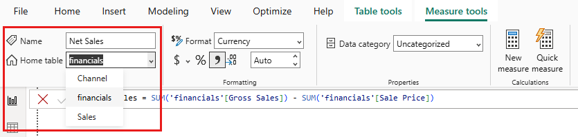 Net Sales 측정값에 대한 수식 및 설정을 보여 주는 Power BI Desktop의 스크린샷 확장된 홈 테이블 목록에는 세 개의 테이블이 포함되어 있습니다.