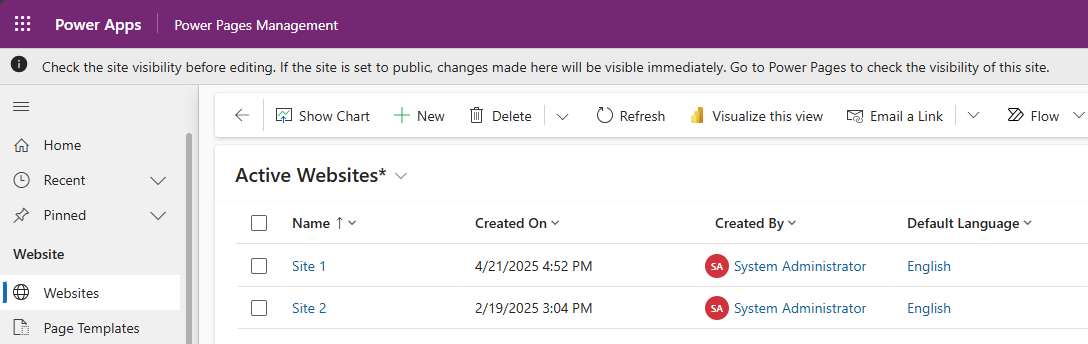 포털 관리 앱의 웹사이트 레코드.