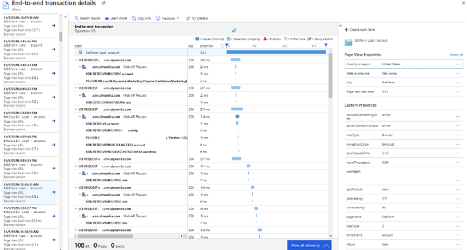 Application Insights 성능 엔드 투 엔드 거래 세부 정보.