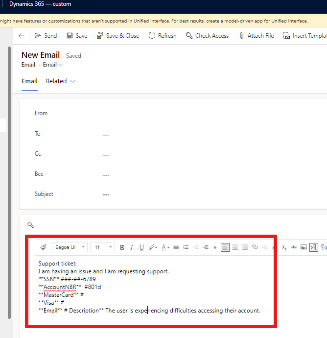 전자 메일 본문에 마스킹 규칙을 적용한 결과를 보여 주는 스크린샷
