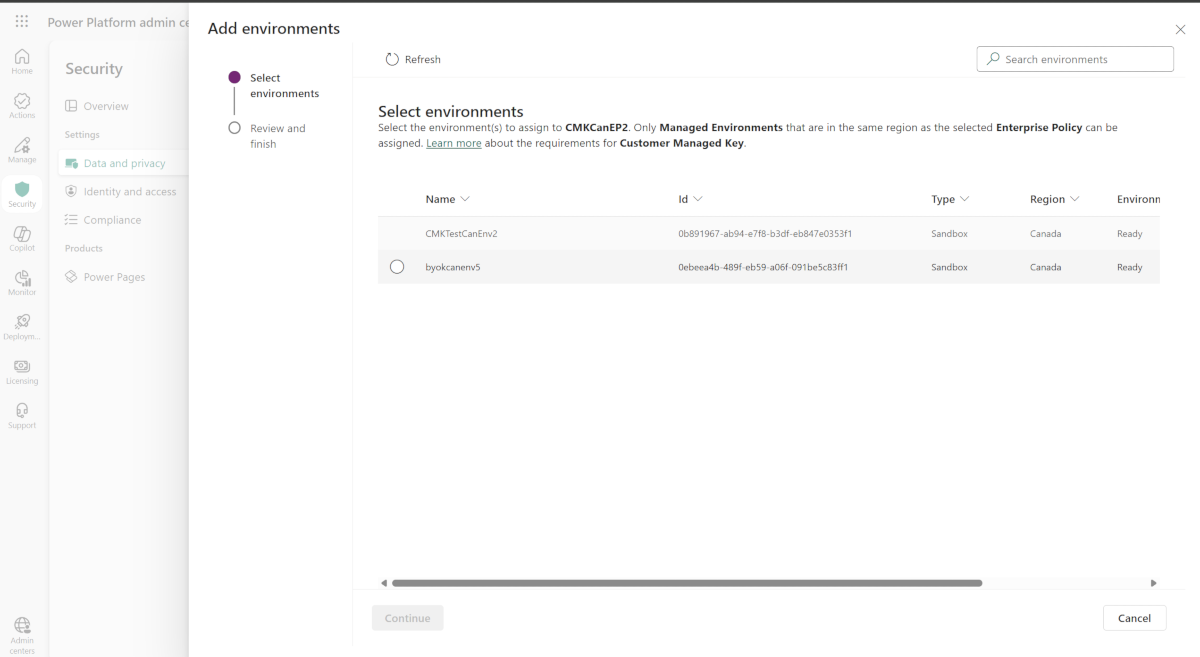 엔터프라이즈 정책에 환경 추가