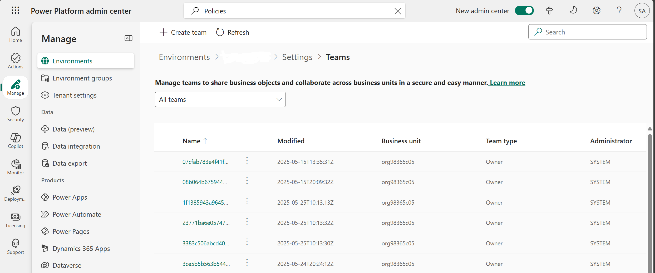 특정 환경의 팀 목록