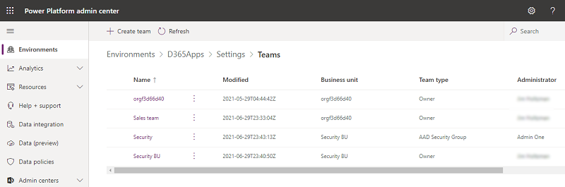 환경의 팀 목록