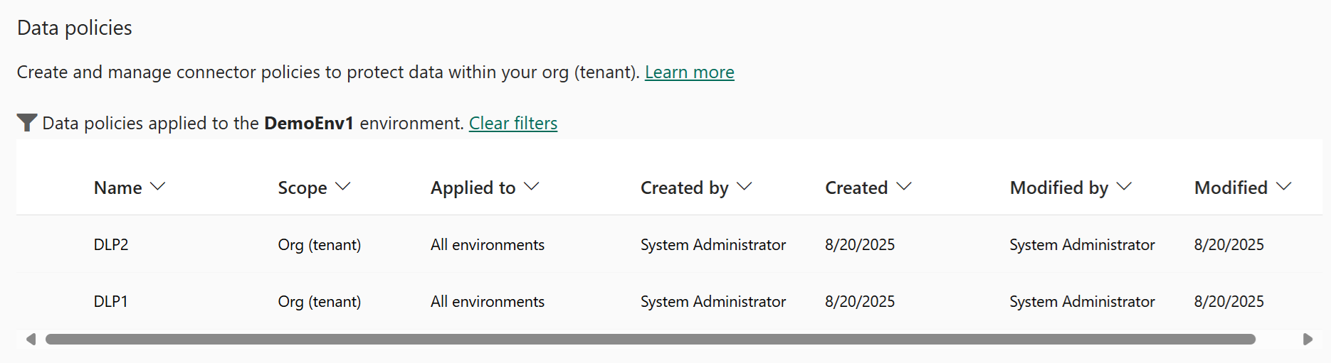 Power Platform 관리 센터의 데이터 정책 페이지의 스크린샷입니다.