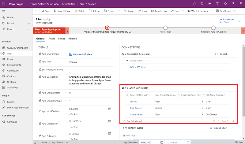 앱 공유(목록) 섹션이 강조 표시된 PowerApps 앱 페이지를 보여 주는 스크린샷