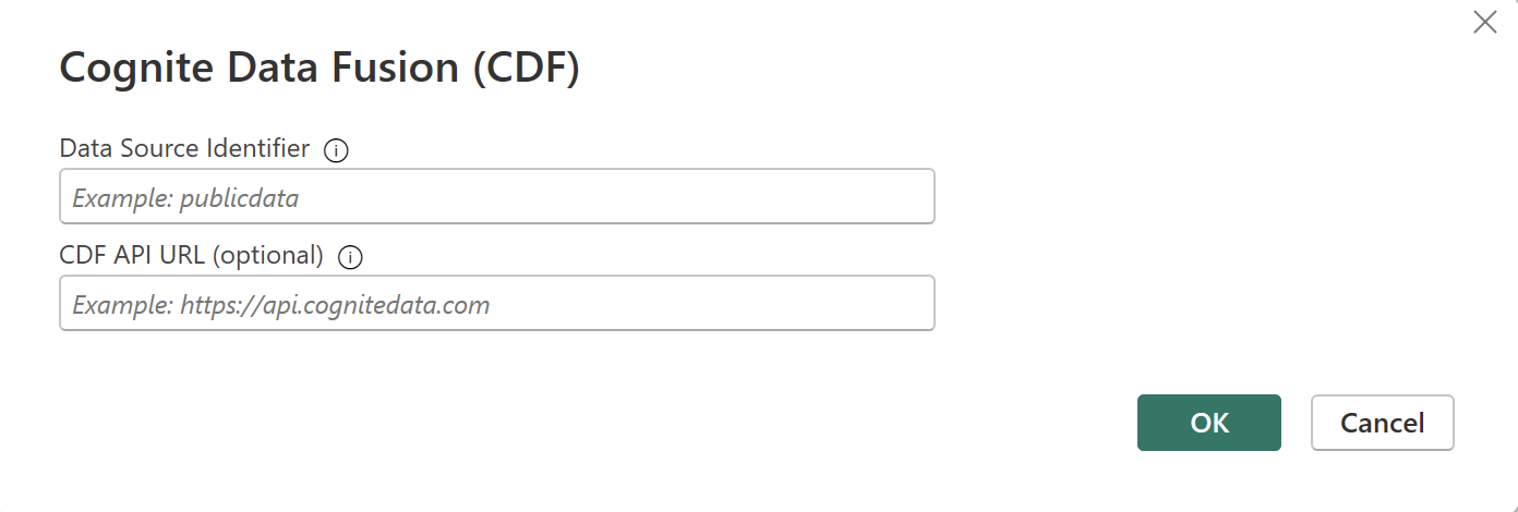 Power BI Desktop에서 CDF OData 커넥터를 구성하는 연결 설정의 스크린샷