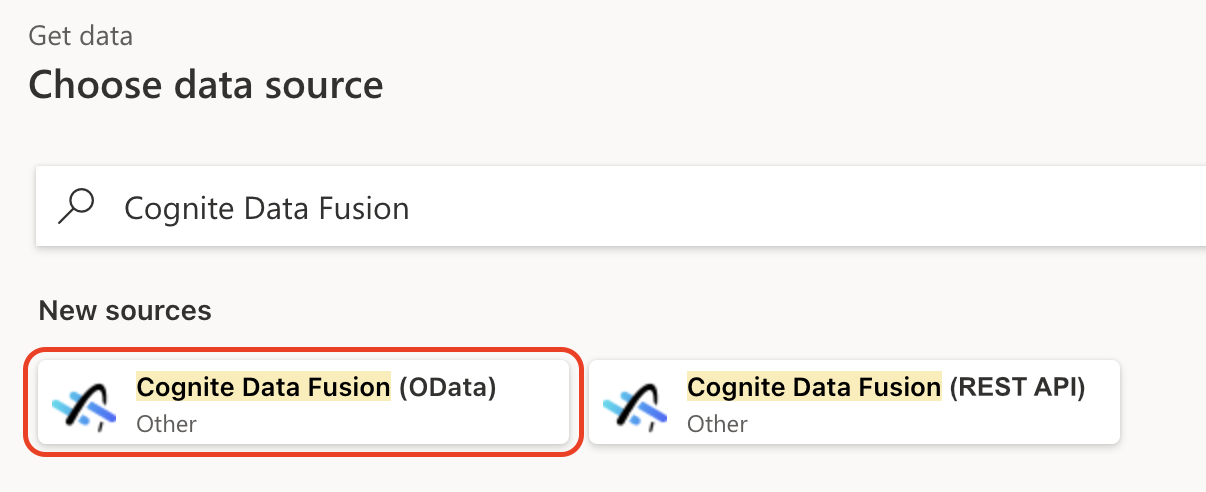 OData(Cognite Data Fusion)가 강조 표시된 데이터 가져오기 창의 스크린샷