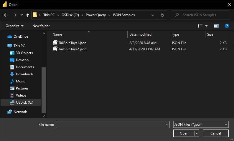 선택할 두 개의 JSON 파일이 있는 파일 브라우저의 스크린샷.