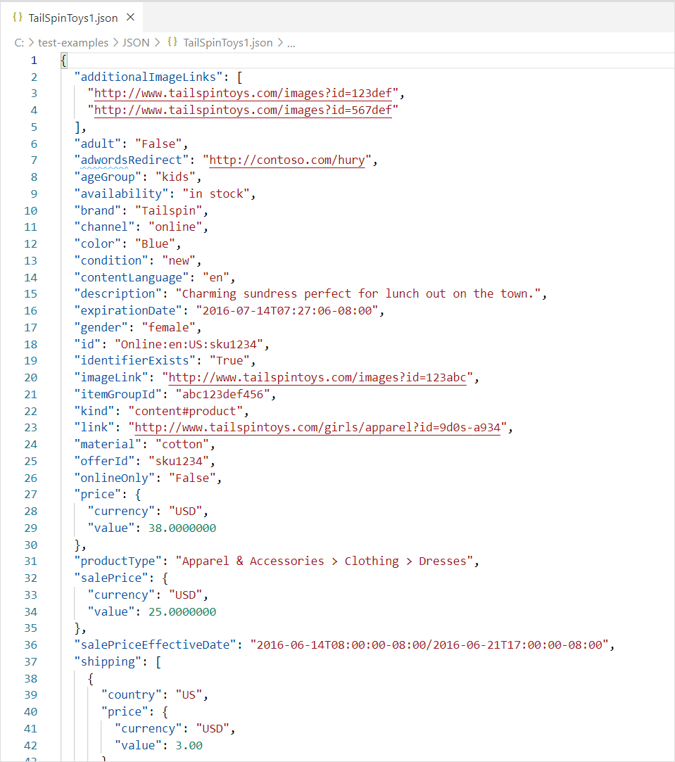 중첩된 데이터가 있는 JSON 파일의 내용 스크린샷