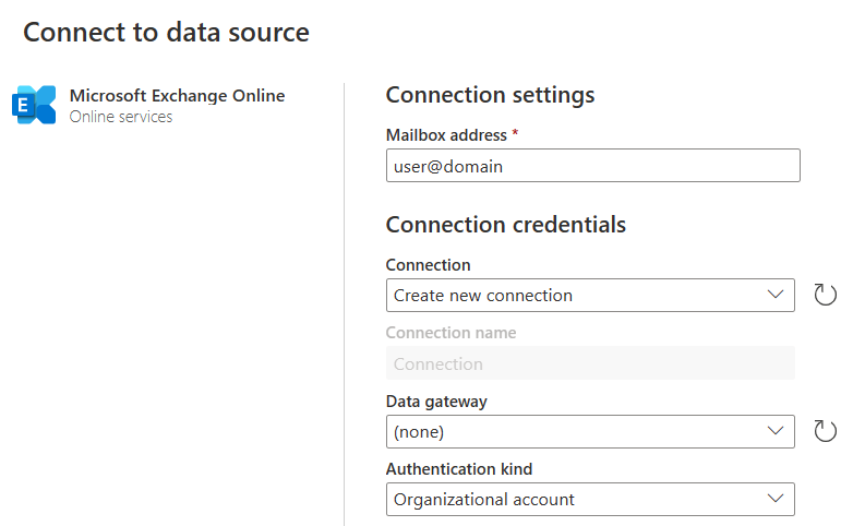 Screenshot of the connect to data source page with the mailbox address user@___domain added.