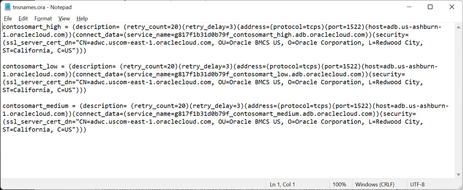 contosomart_high, contosomart_low, contosomart_medium이라는 세 가지 예제 TNS 이름을 포함한 이미지