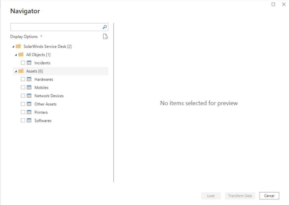SolarWinds 서비스 데스크 탐색기의 스크린샷.