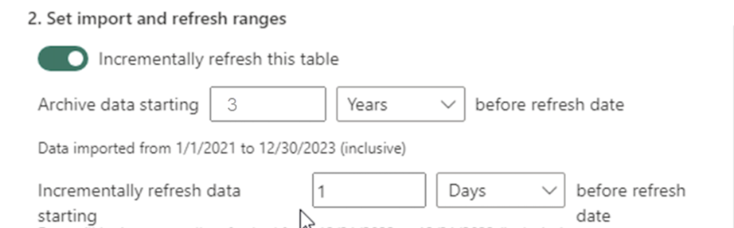 증분 새로 고침 설정을 보여주는 스크린샷
