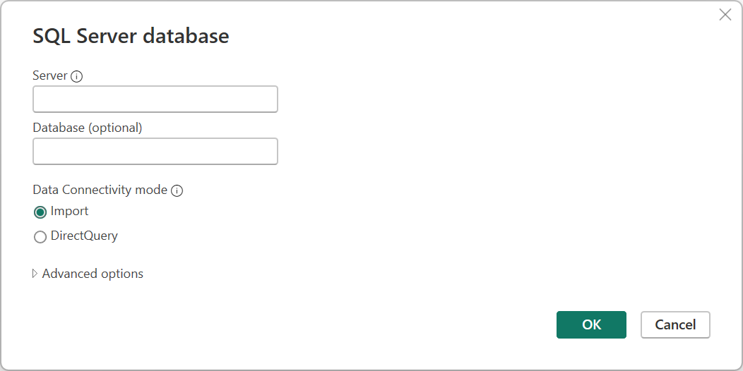 파워 쿼리 데스크톱의 SQL Server 데이터베이스 연결 작성기의 스크린샷
