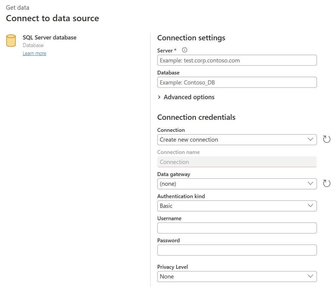 파워 쿼리 온라인의 SQL Server 데이터베이스 연결 작성기의 스크린샷