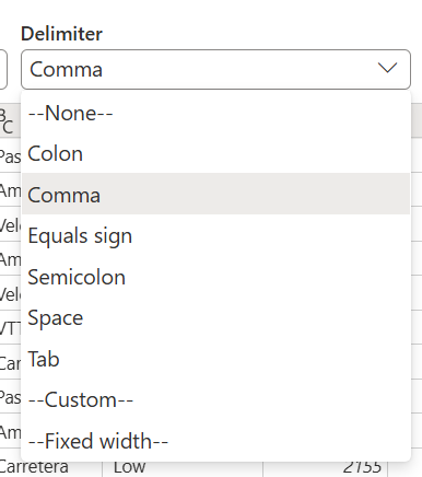 csv 파일에 대한 구분 기호 선택 스크린샷