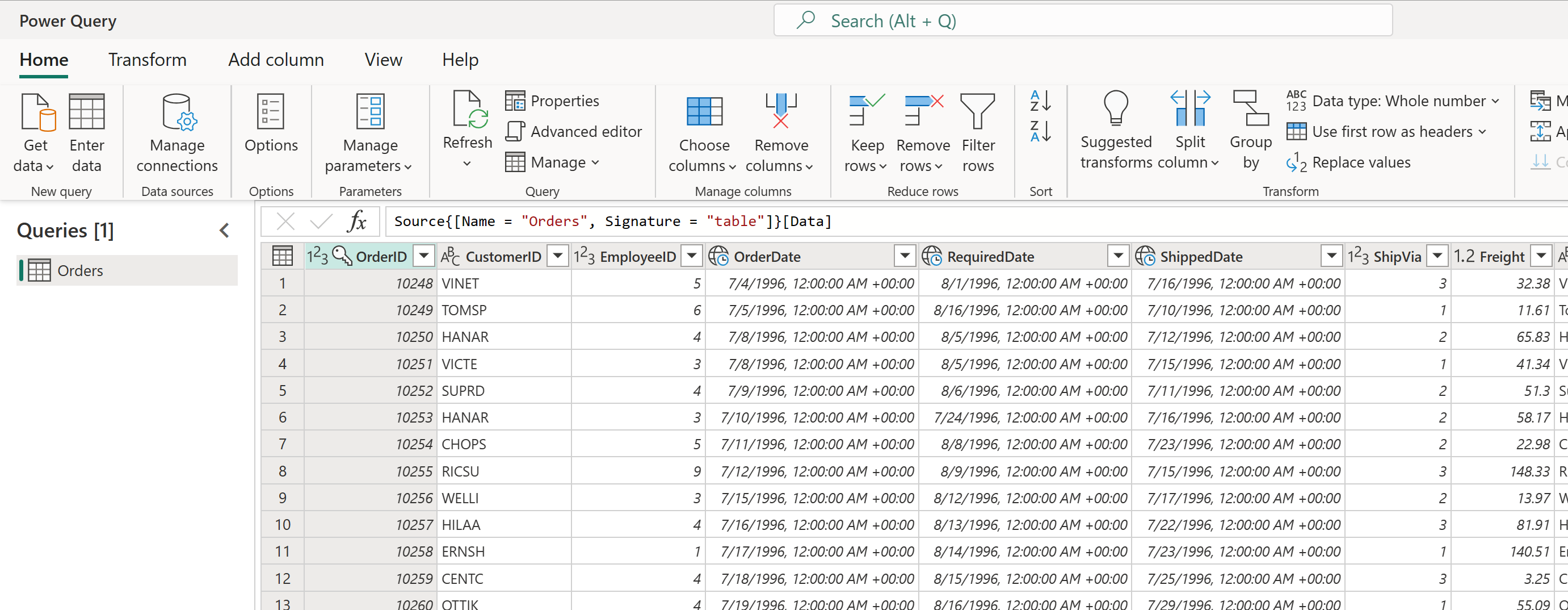 Orders 테이블의 스크린샷.