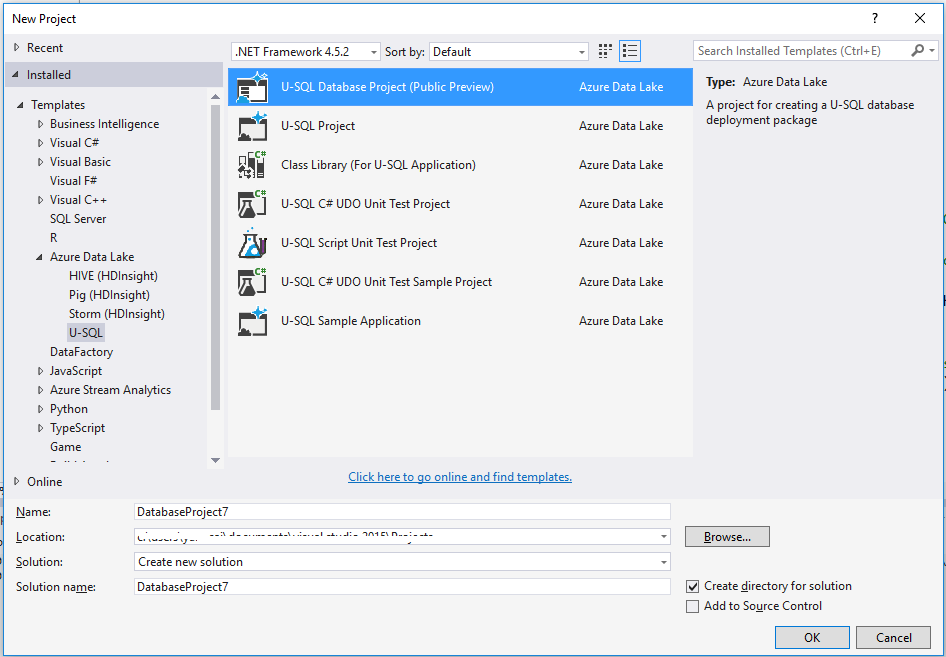 Data Lake Tools for Visual Studio -- U-SQL 데이터베이스 프로젝트 만들기