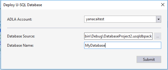 Data Lake Tools for Visual Studio -- U-SQL 데이터베이스 프로젝트 배포 마법사