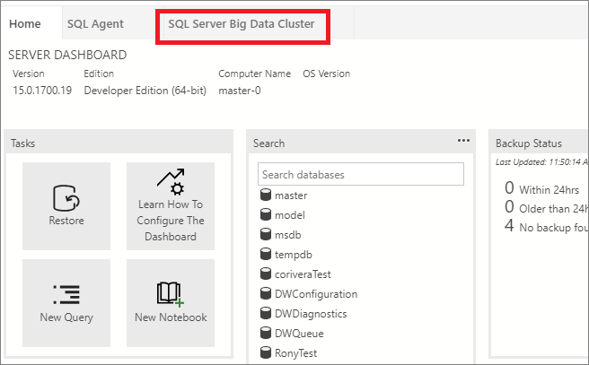 빅 데이터 클러스터 대시보드를 보여 주는 Azure Data Studio의 스크린샷