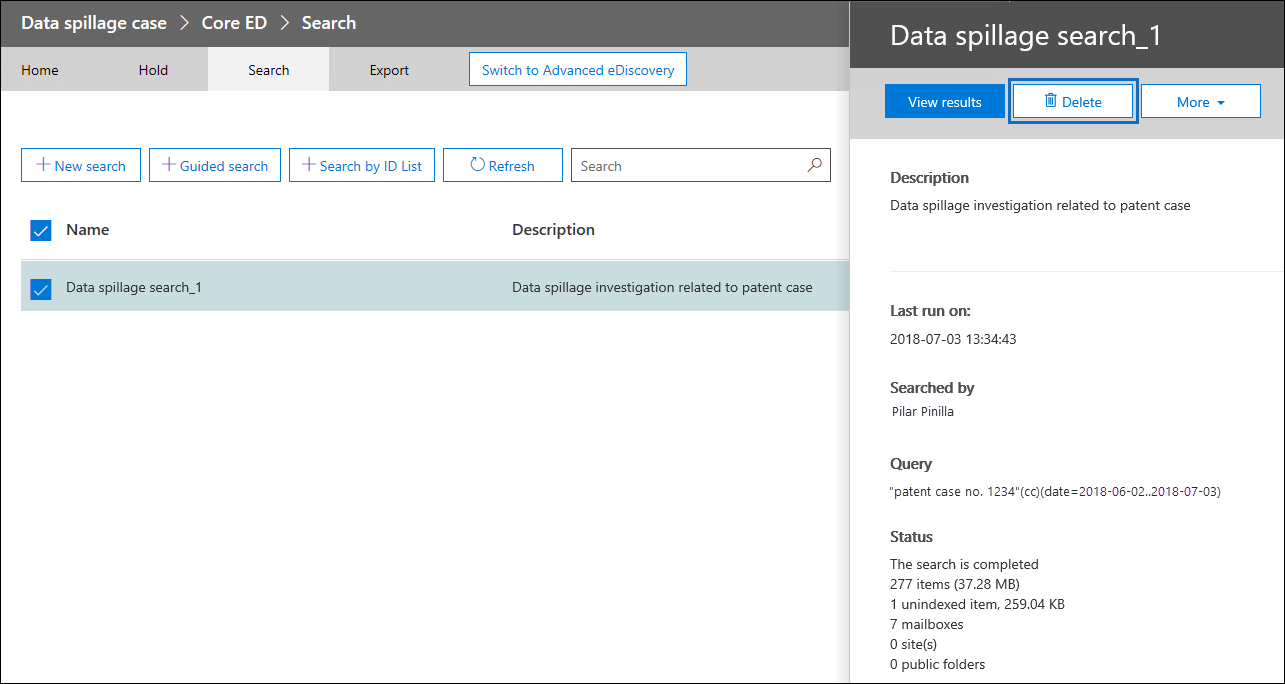검색을 선택한 다음 플라이아웃 페이지에서 삭제를 선택합니다.