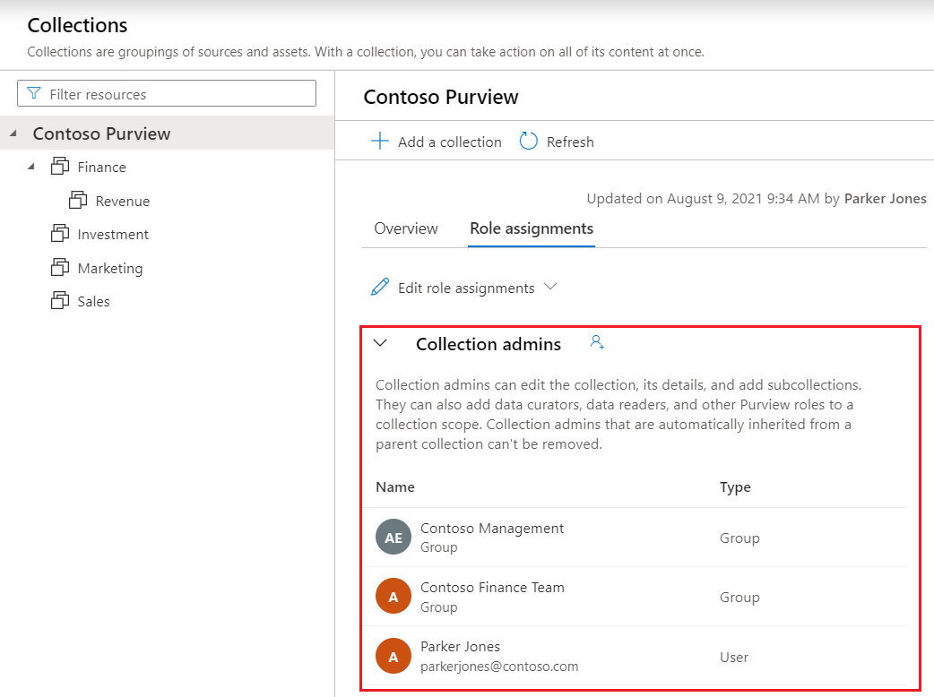 컬렉션 관리자 섹션이 강조 표시된 데이터 맵에 열린 클래식 Microsoft Purview 거버넌스 포털 창의 스크린샷