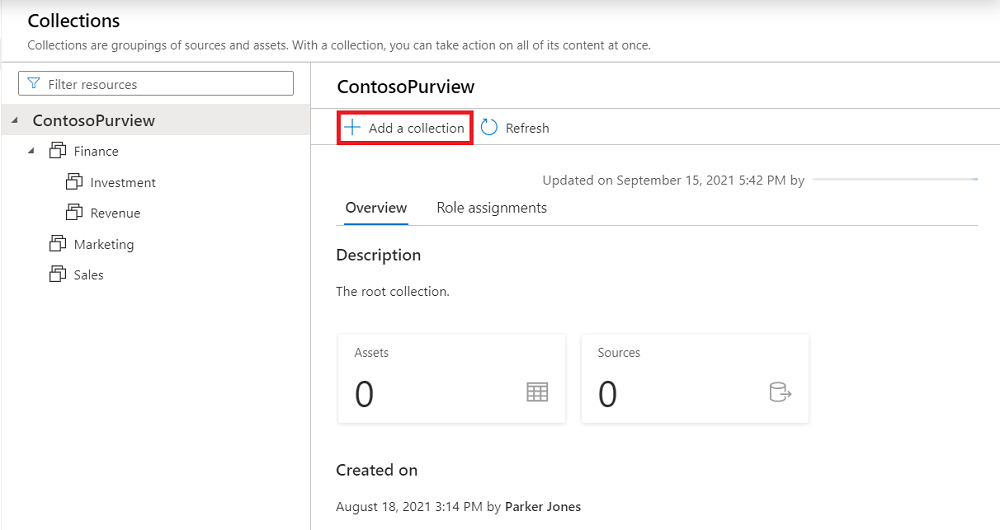 컬렉션 탭이 선택되고 컬렉션 추가가 강조 표시된 데이터 맵에 열린 클래식 Microsoft Purview 거버넌스 포털 창의 스크린샷