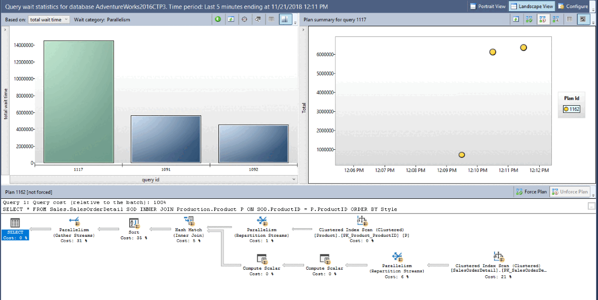 SSMS 개체 탐색기의 SQL Server 쿼리 대기 통계 세부 정보 보기 스크린샷.