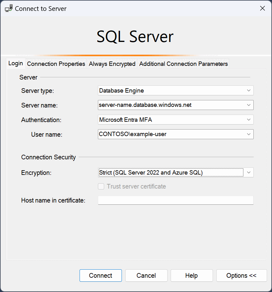 Azure SQL에 대한 연결 대화 상자의 스크린샷