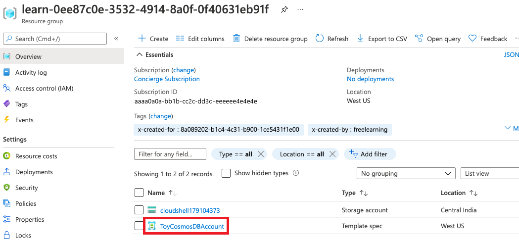 리소스 목록에 템플릿 사양이 포함된 리소스 그룹 개요에 대한 Azure Portal 인터페이스 스크린샷
