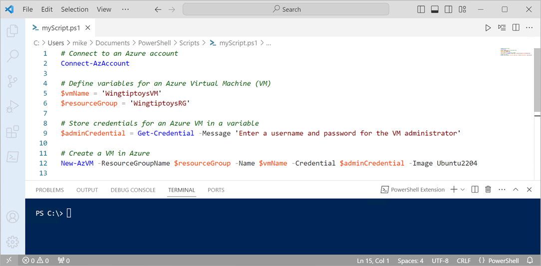 Azure에서 가상 머신을 만드는 PowerShell 스크립트가 있는 VS Code의 스크린샷.