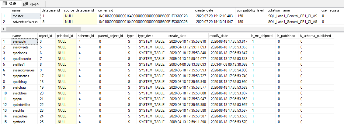 sys.databases 및 sys.objects의 결과 스크린샷.