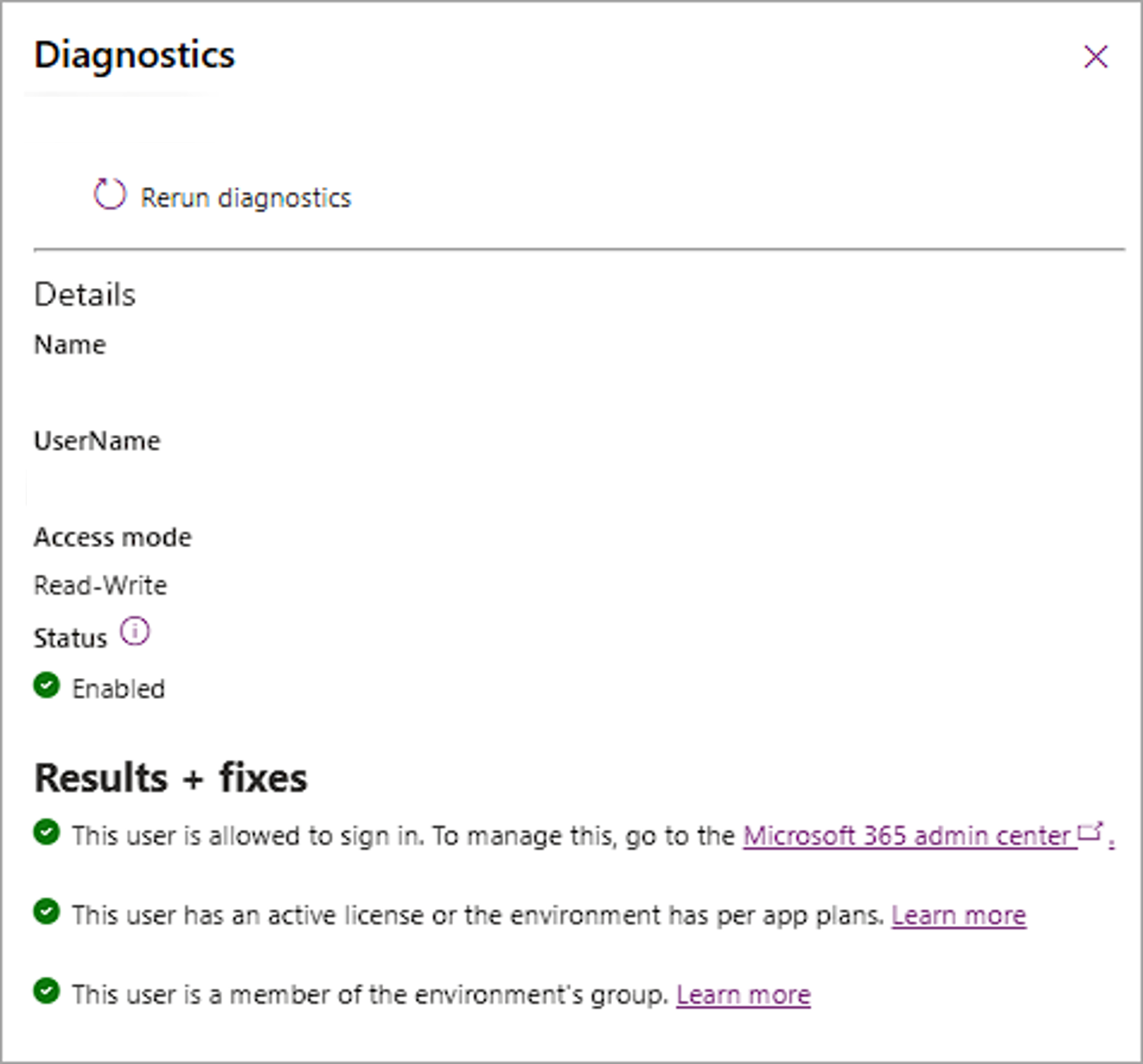 Screenshot of run diagnostics output.