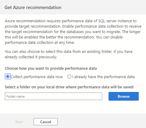 성능 데이터를 저장할 위치에 대한 구성이 포함된 Azure 권장 사항 사이드바의 스크린샷.