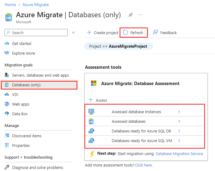 평가 보고서가 업로드된 후 Azure Migrate: 데이터베이스 평가 결과의 스크린샷.
