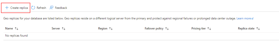 Azure SQL Database에 대한 복제본 페이지의 스크린샷