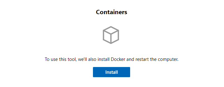 스크린샷 컨테이너 확장 페이지에는 설치 단추와 Docker 설치에 대한 메시지가 표시됩니다.
