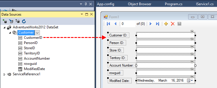 Visual Studio 2019 이하에서 Windows 양식으로 데이터 세트를 끌어서 놓는 방법을 보여 주는 스크린샷