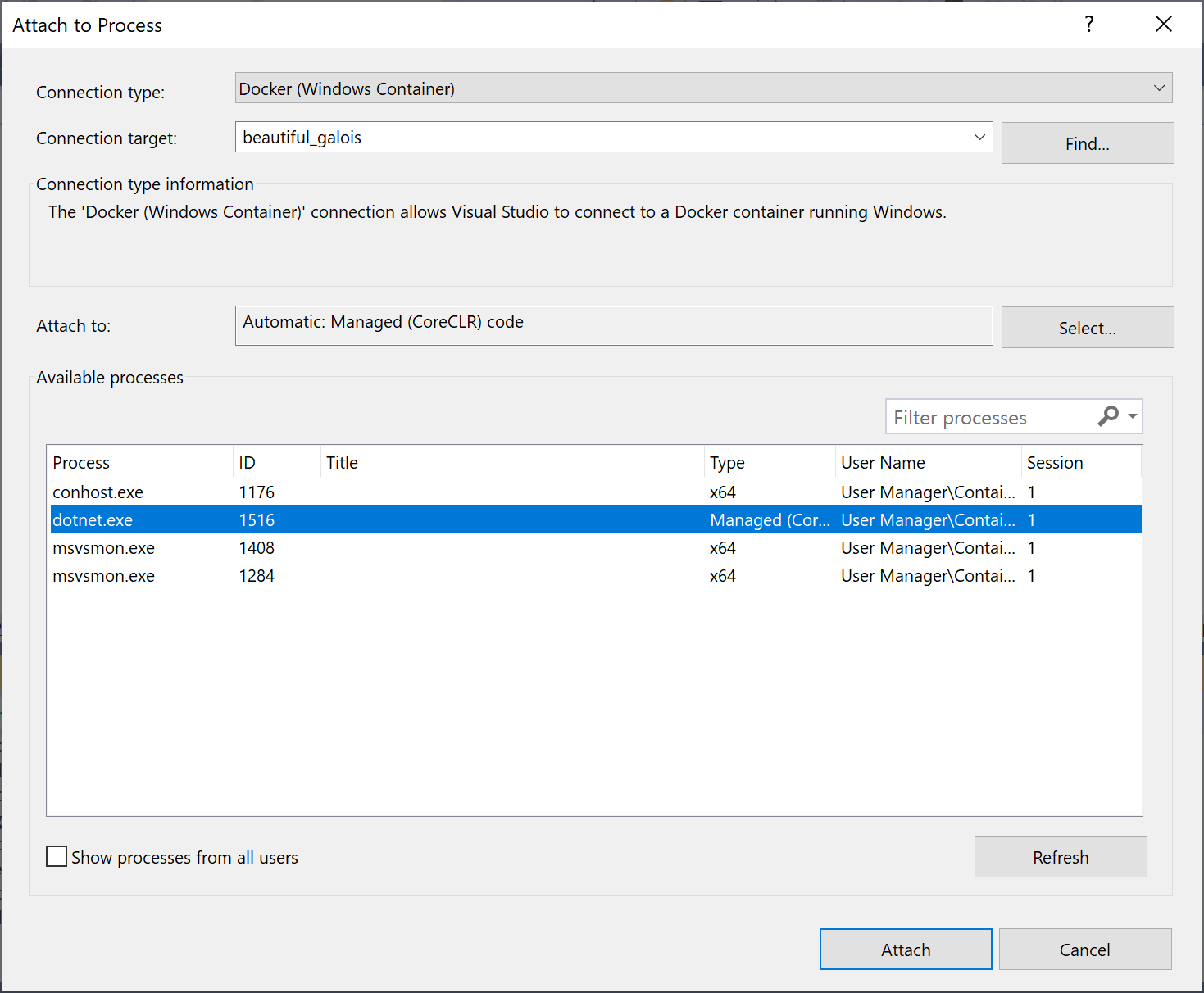 Visual Studio의 프로세스에 연결 대화 상자 스크린샷 연결 유형이 Docker(Windows 컨테이너)로 설정되고 dotnet.exe 프로세스가 선택됩니다. 완료된 Windows Docker 연결 메뉴
