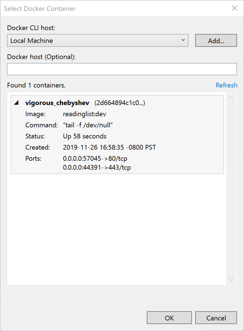 Docker 컨테이너 메뉴 선택 스크린샷