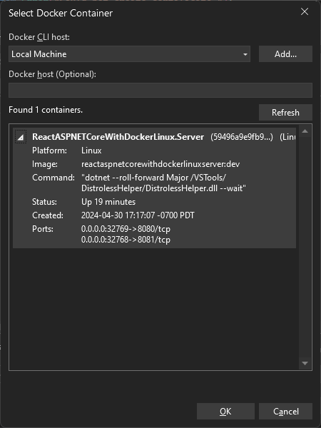 Docker 컨테이너 메뉴 선택 스크린샷