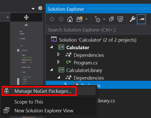 바로 가기 메뉴의 NuGet 패키지 관리 스크린샷