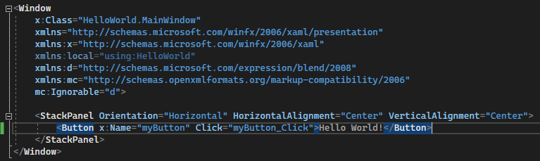 XAML 편집기에서 단추의 XAML 코드를 보여 주는 스크린샷 Content 속성 값이 'Hello World!'로 변경되었습니다.
