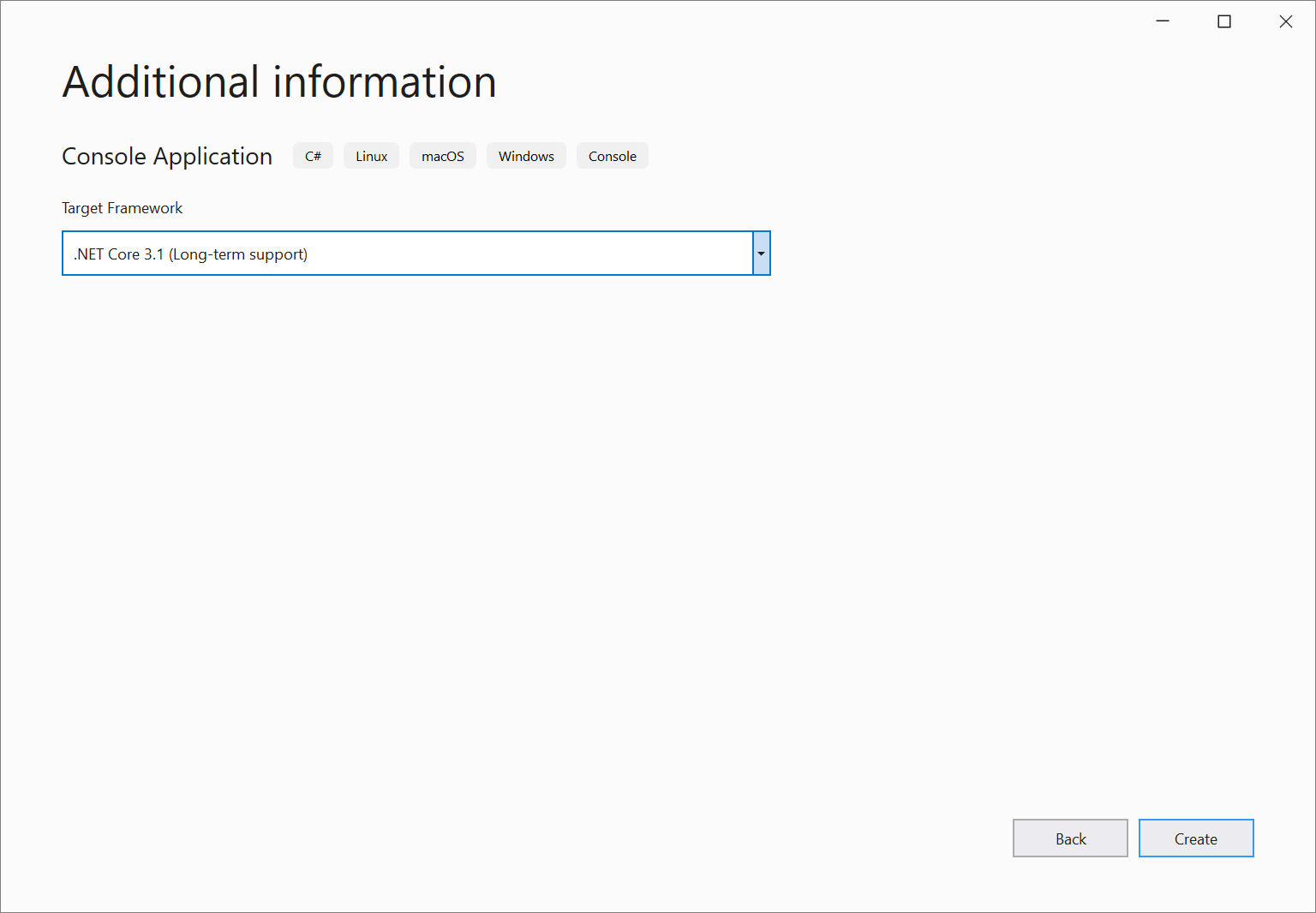 Visual Studio 2019에서 원하는 .NET Core Framework 버전을 선택하는 '추가 정보' 창의 스크린샷